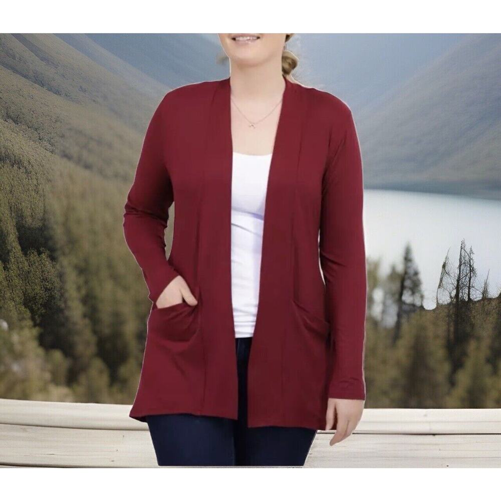 Kiyonna Top 1X Adriana Cardigan Bellini Maroon Red Pockets 3/4 Sleeves